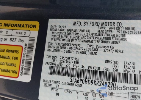 2019 Ford Fusion Se z USA, uszkodzony, nr VIN 3FA6P0HD9KR249290